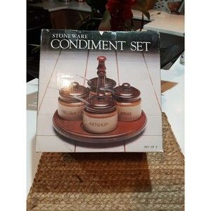 Vintage 70's Lazy Susan Wood Tray w/Vintage Crocks Lids and Spoons. NEW In Box.